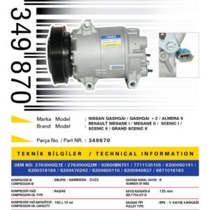 KLİMA KOMPRESÖRÜ MGN II-SCENIC II 1.4-1.6-1.5 DCI 05 125mm - KALE